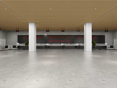 Modern Service Hall With Long Counters White Pillars Wooden Ceiling Green Plants And Gray Floor 3d model