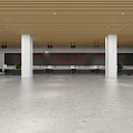 Modern Service Hall With Long Counters White Pillars Wooden Ceiling Green Plants And Gray Floor