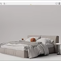 Modern Double Bed With Light Gray Frame White Pillows Gray Blanket And Round Side Table