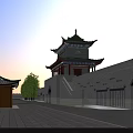 Ancient City Gate Tower With Traditional Green Tiled Roof Red Pillars And Arched Gateway