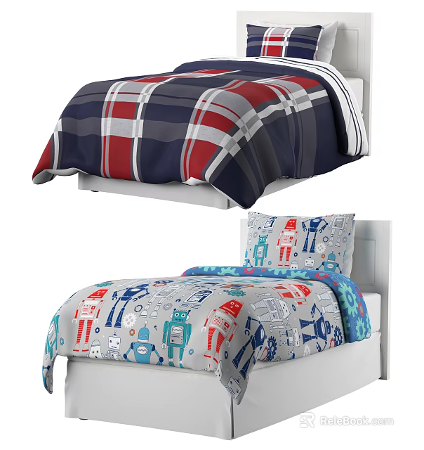 Single Bed With Plaid Comforter And Robot Print Bedding In Red Blue Gray Tones 3d model