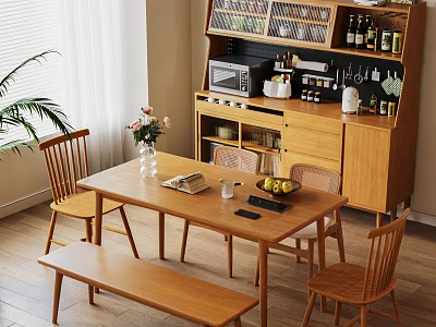 Wooden Dining Table Set With Chairs Bench Flower Vase And Fruit Platter In Kitchen 3d model