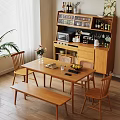 Wooden Dining Table Set With Chairs Bench Flower Vase And Fruit Platter In Kitchen