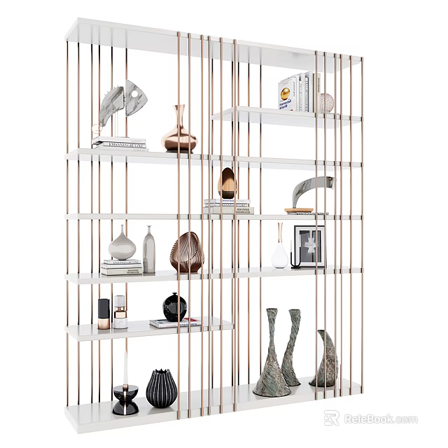 Modern Shelving Unit With Brass Frame Displaying Decorative Vases Sculptures Books And Frames 3d model