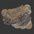 Futuristic Building Model with Multi Layered Rock Structures Round Architecture Lower Platform and Detailed Components