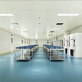 Cleanroom Interior With White Walls Blue Flooring Metal Workbench And Storage Cabinets