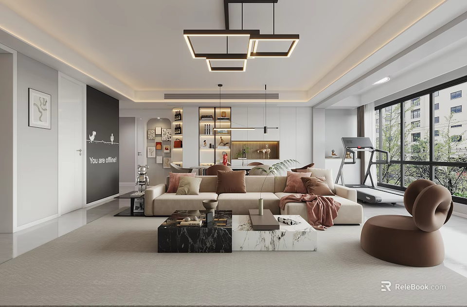 Modern Living And Dining Room Interior With Comfortable Sofa Coffee Table And Pendant Lights 3d model 