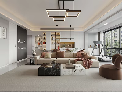 Modern Living And Dining Room Interior With Comfortable Sofa Coffee Table And Pendant Lights 3d model