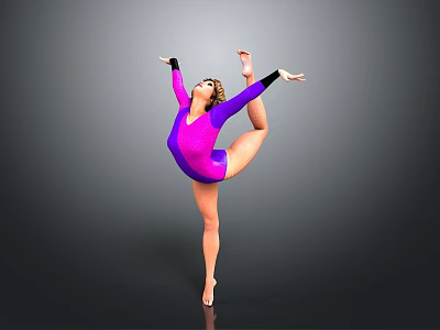 Female Dancer In Purple Leotard Striking Dance Pose With Lifted Leg And Extended Arms 3d model
