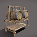Sturdy Vintage Wooden Barrel Rack With Two Barrels And Lower Shelf