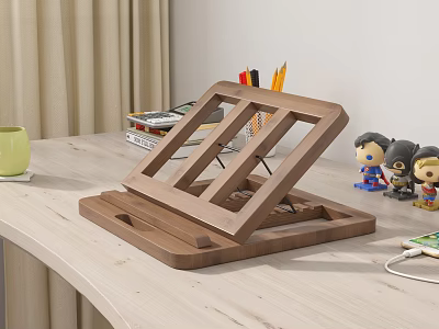 Wooden Laptop Stand On Light Desk With Green Mug Colored Pencils Figurines And Charging Phone 3d model