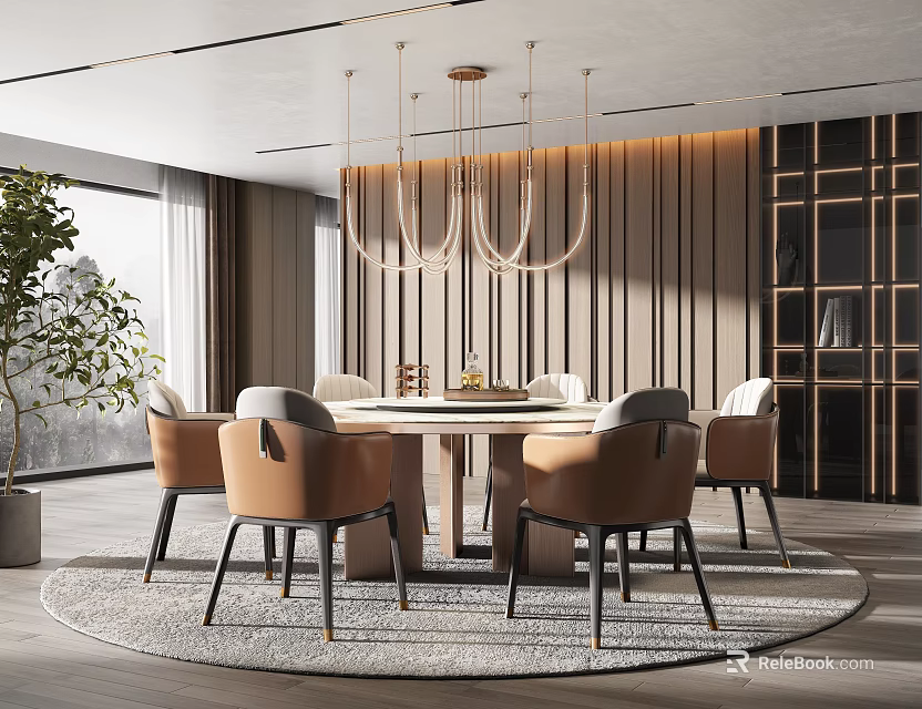 Elegant Restaurant Interior With Round Dining Table Beige Chairs Wooden Wall Paneling And Chandelier 3d model 