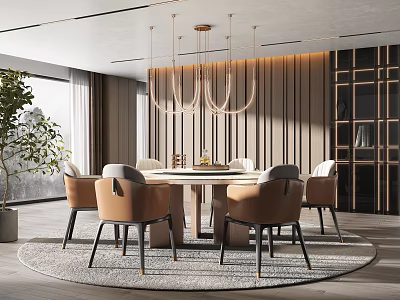 Elegant Restaurant Interior With Round Dining Table Beige Chairs Wooden Wall Paneling And Chandelier 3d model