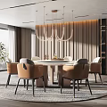 Elegant Restaurant Interior With Round Dining Table Beige Chairs Wooden Wall Paneling And Chandelier