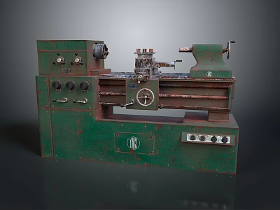 Vintage Green Lathe Industrial Machine With Control Knobs Dials And Workbench 3d model