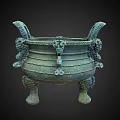 Ancient Chinese Bronze Tripod Cauldron With Decorative Carved Motifs And Three Legs