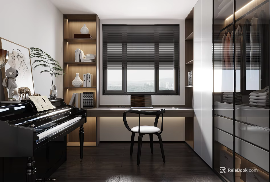 Modern Cloakroom Interior With Study Desk Piano Chair And Shelves 3d model 