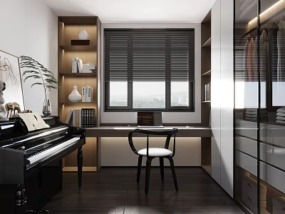 Modern Cloakroom Interior With Study Desk Piano Chair And Shelves 3d model