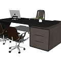 Modern Office Desk With Black Desktop Brown Drawer Cabinet Wheeled Chairs Laptop And Potted Plant