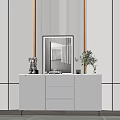 Modern White Entryway Console Table with Mirror Striped Wall Green Plant and Decorations