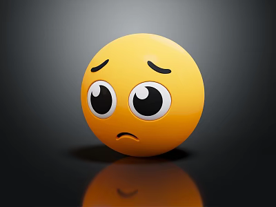 Yellow Emoji Doll With Sad Face Big Eyes And Dark Background Reflection 3d model