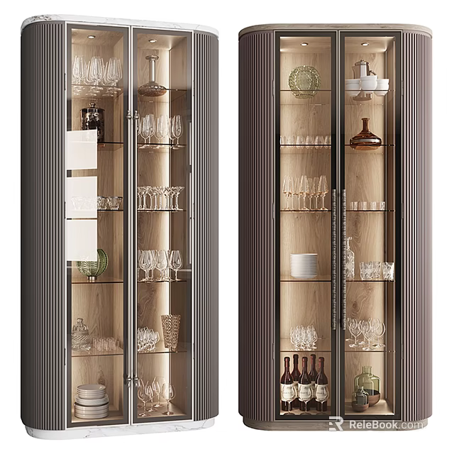 Sleek Modern Wine Cabinet With Glass Doors And Wooden Interior Displaying Wine Bottles And Glasses 3d model 