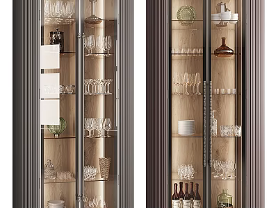 Sleek Modern Wine Cabinet With Glass Doors And Wooden Interior Displaying Wine Bottles And Glasses 3d model