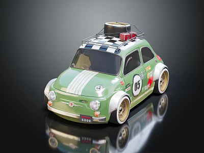Small Green Car With White Stripes Number 15 On Door Gold Wheels And Roof Box 3d model