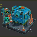 Blue Police Tank Like Car with Traffic Signs Cones and Road Platform