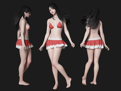 Woman Wearing Red Bikini Top Red White Polka Dot Skirt Long Hair Front Side Back 3d model