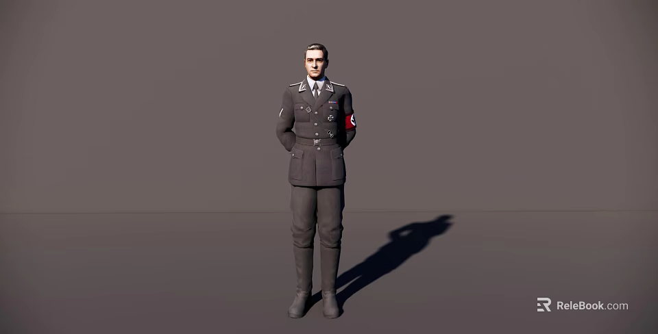 Man in Black Uniform Standing with Hands Behind Back and Badge on Gray Background 3d model 