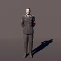 Man in Black Uniform Standing with Hands Behind Back and Badge on Gray Background