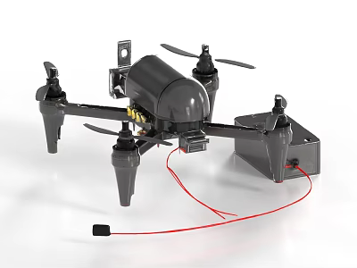 Black Quadcopter Drone With Camera Module And Red Connecting Cable 3d model