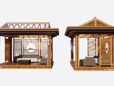 Traditional Wooden Pavilions With Open Design Circular Windows And Seating Areas 3d model