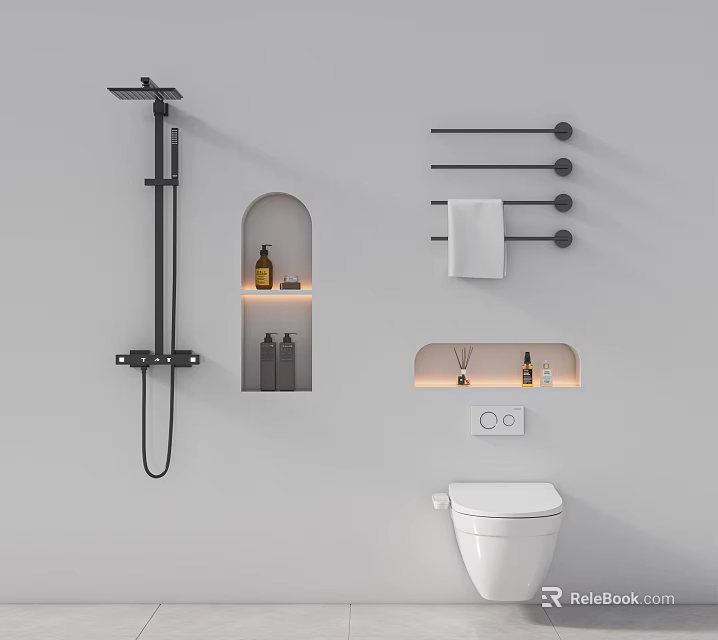 Modern Bathroom Toilet With Shower Fixture Towel Rack And Wall Niche 3d model 