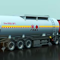 Red Cab Fuel Tank Truck With Silver Tank Yellow Stripes Safety Signs Ladder Multiple Wheels