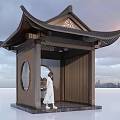 Traditional Chinese Pavilion With Traditional Roof Circular Window And Person In White Dress Standing