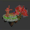Floating Island Scene With Windmill Red Tree Green Grass And Stone Wall