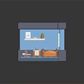 Cozy Cartoon Style Bedroom With Blue Walls White Window Bed Shelf And Green Plant