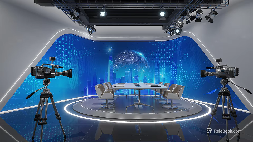Modern Public Office Space With Circular Conference Table Chairs Blue Backdrop Globe Cityscape Lighting Cameras 3d model 