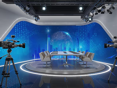 Modern Public Office Space With Circular Conference Table Chairs Blue Backdrop Globe Cityscape Lighting Cameras 3d model