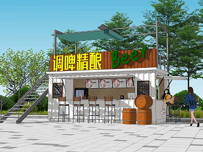 Outdoor Milk Tea Shop With Wooden Sign Bar Counter High Stools And Green Trees 3d model