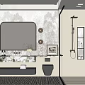 Elegant Modern Bathroom Interior Featuring Large Gold Frame Mirror Vanity Black Toilet and Geometric Floor