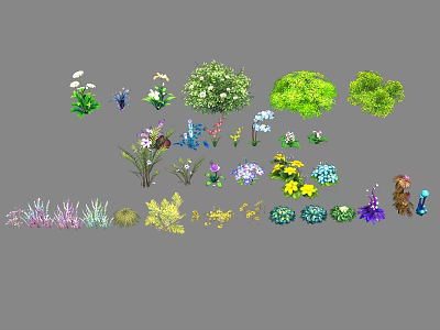 Various Colorful Garden Flowers And Different Green Plants Collection For Decoration 3d model