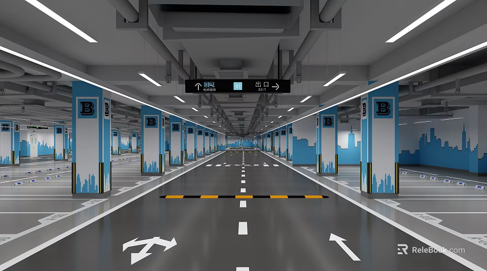 Modern Parking Garage with Blue Pillars Directional Arrows Yellow Black Stripes and Spacious Layout 3d model 