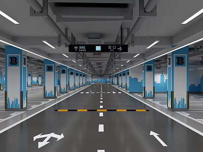 Modern Parking Garage with Blue Pillars Directional Arrows Yellow Black Stripes and Spacious Layout 3d model