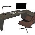 Modern Office Desk Setup With Apple iMac Monitor Brown Chair And Desk Lamp