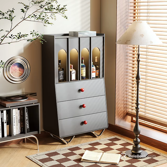 Gray Sideboard Featuring Glass Door And Wine Bottles With Red Handle Drawers In Living Room 3d model 