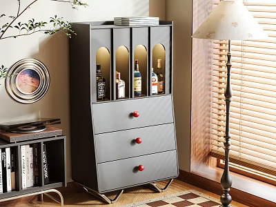 Gray Sideboard Featuring Glass Door And Wine Bottles With Red Handle Drawers In Living Room 3d model