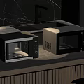 Two Microwave Ovens On Modern Kitchen Countertop With Marble Backsplash And Black Faucet